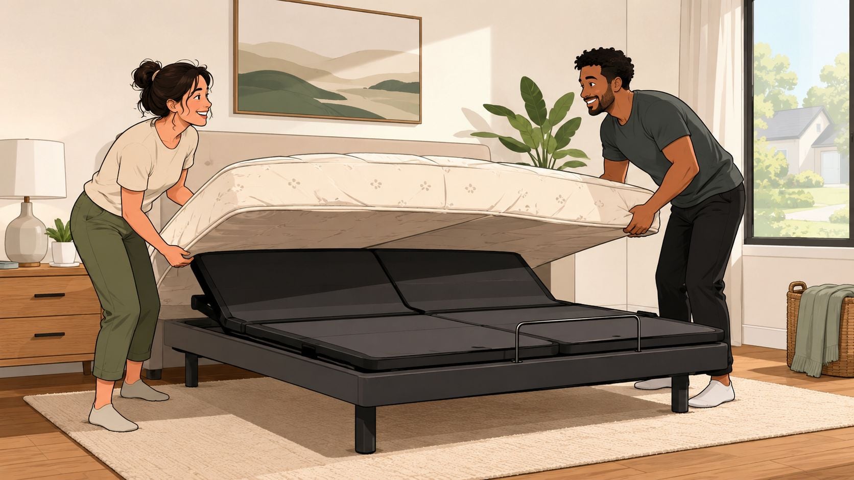 A happy couple lifting a white mattress to reveal an adjustable bed frame in a bedroom.
