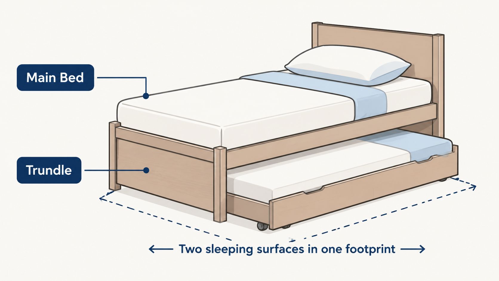 A diagram of a wooden bed frame with a pull-out trundle bed underneath for two sleeping surfaces.