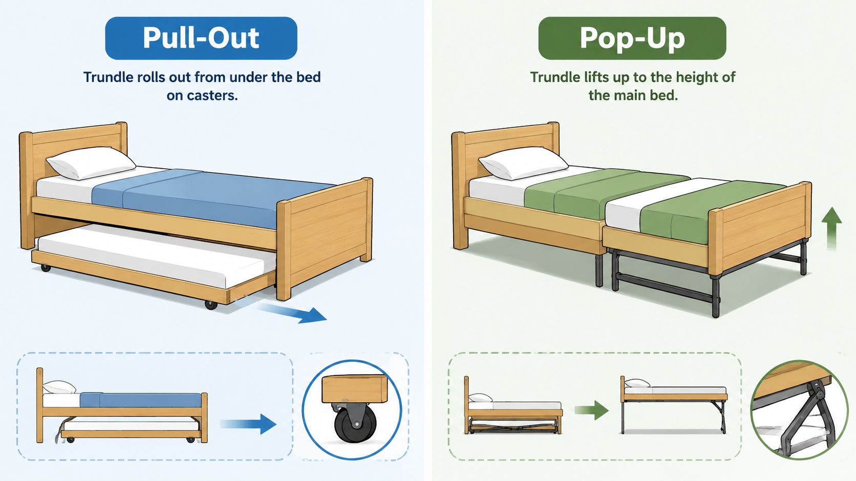 A comparison illustration showing how pull-out and pop-up trundle beds function for extra sleeping space.