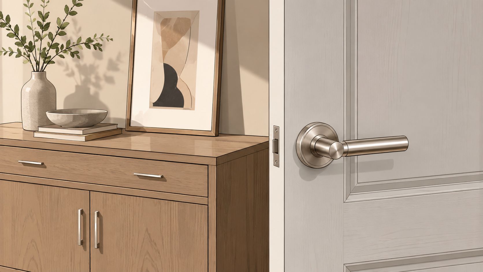 A modern interior scene featuring a white door with a sleek brushed nickel lever handle beside a wooden console.