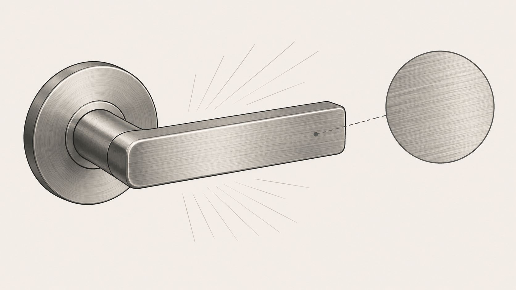 A close-up illustration of a modern brushed nickel lever-style interior door handle with a metallic finish.