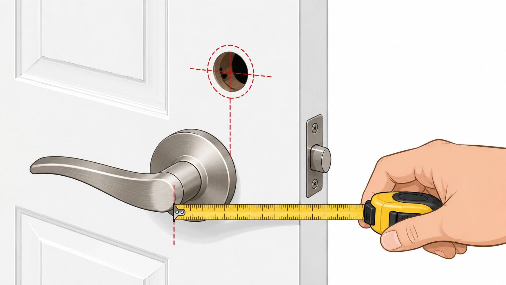 A hand holding a measuring tape to determine the backset measurement of a brushed nickel door handle.
