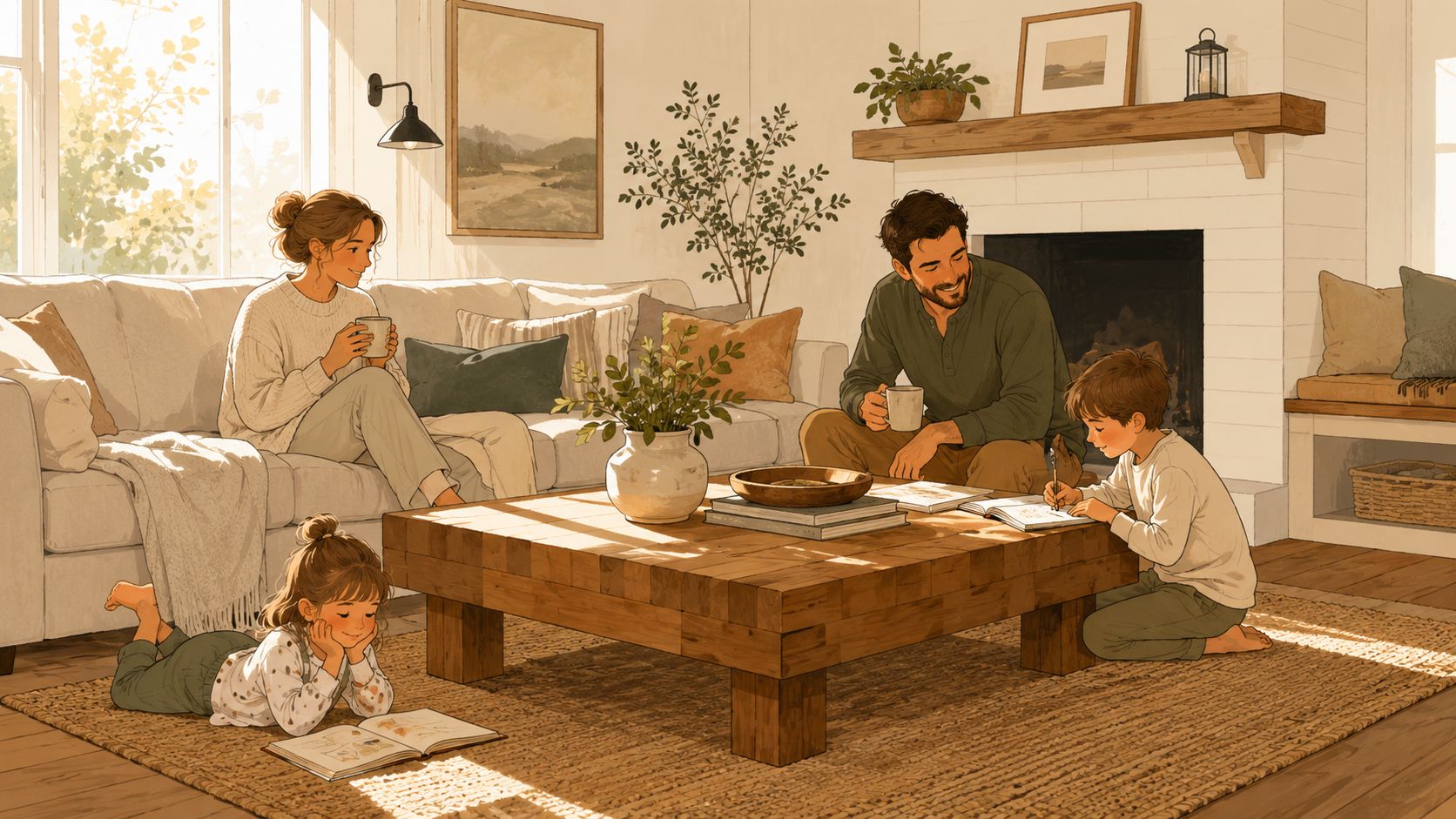 A warm, cozy family room with parents and two children enjoying a relaxed afternoon together at home.