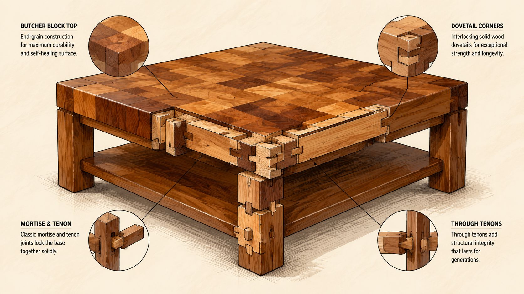 A detailed technical illustration of a wooden butcher block coffee table highlighting various traditional joinery techniques.