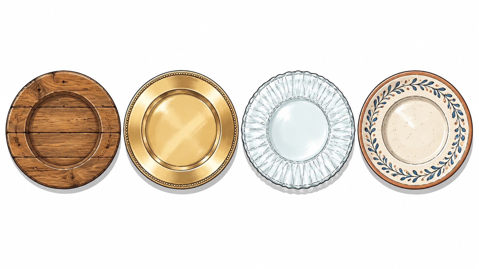 A top-down view of four different styles of charger plates arranged in a horizontal row on white.