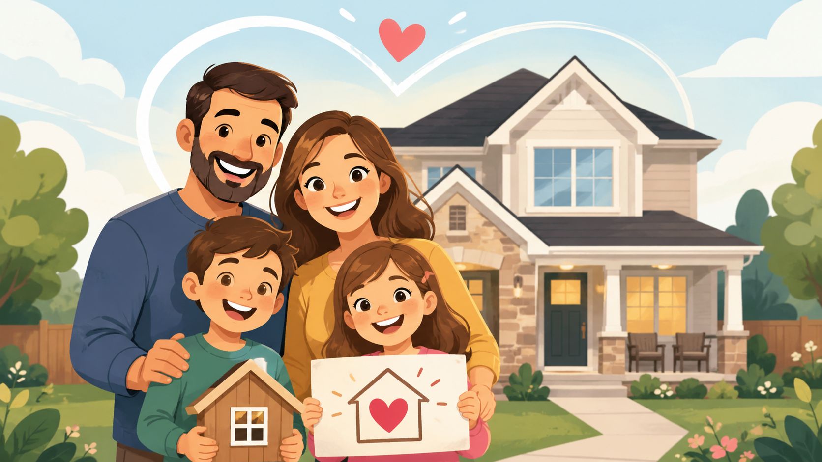 A happy family standing in front of their suburban home, with children holding house-themed drawings and props.