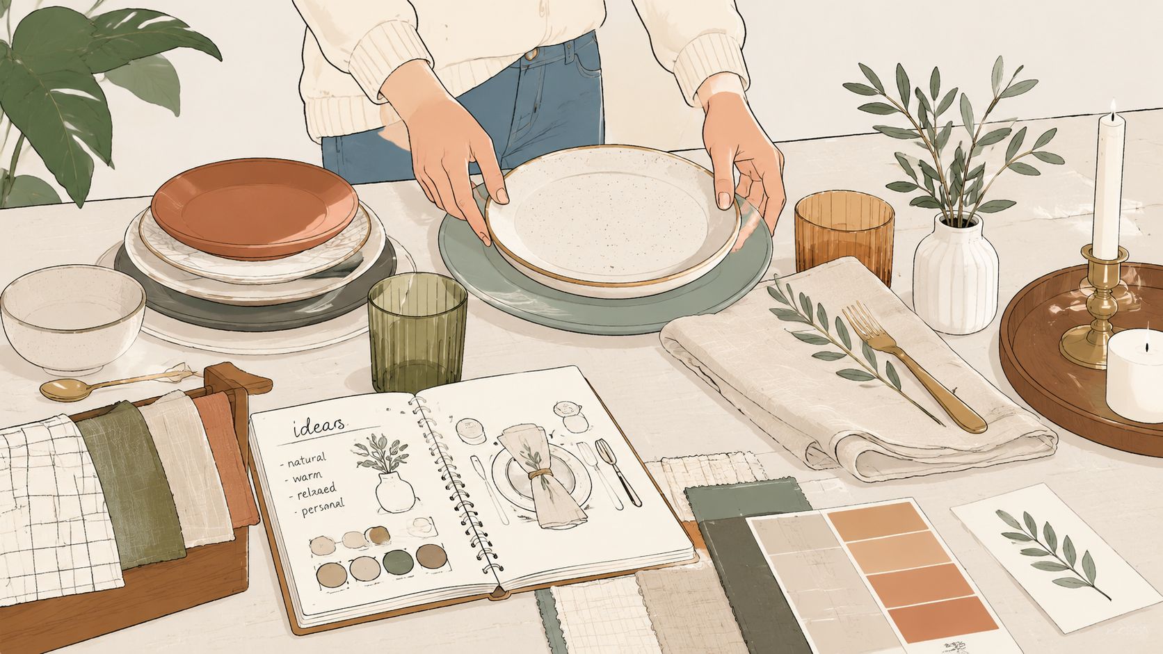 A person setting a table with plates, napkins, and floral decorations while planning decor in a notebook.