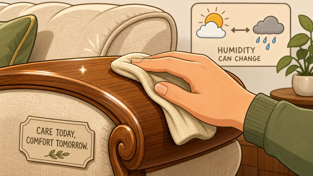 A person wiping the wood trim of a vintage-style couch with a cleaning cloth.