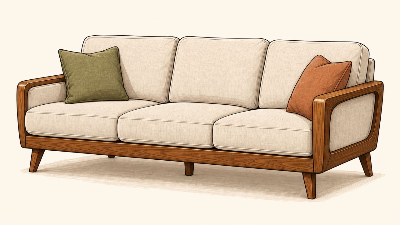 A modern three-seater sofa featuring light cream upholstery, a warm wood frame, and two accent pillows.