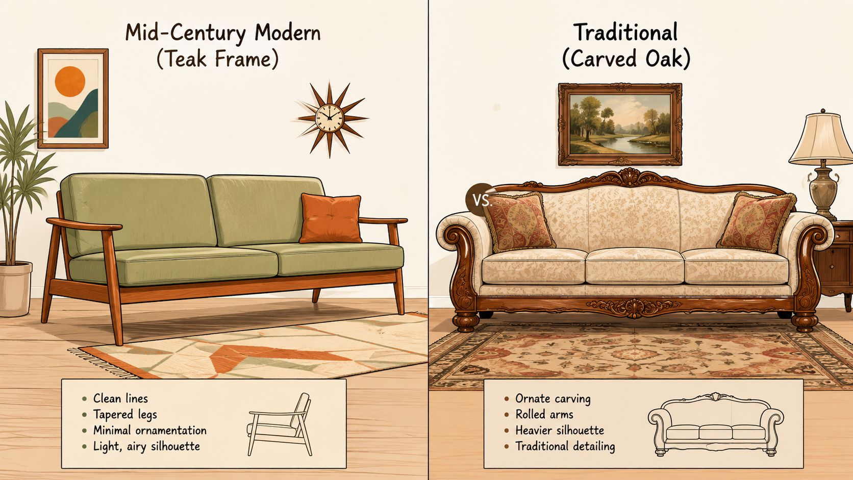 A side-by-side comparison illustrating the design differences between a mid-century modern couch and a traditional sofa.