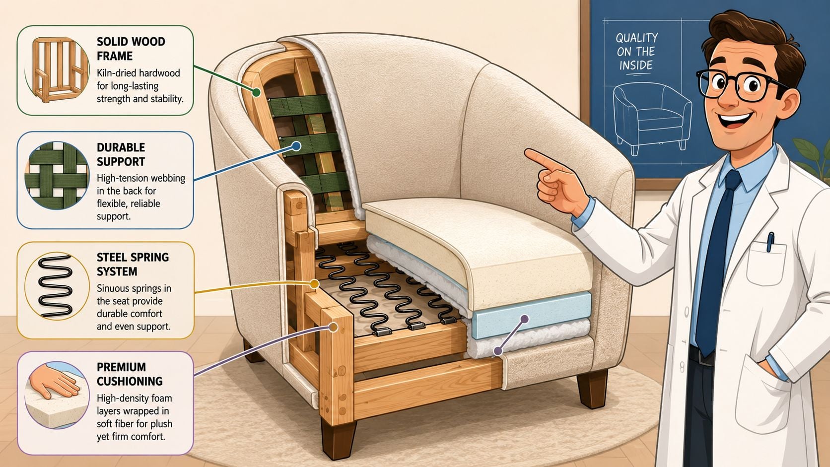 A cutaway illustration of a curved accent chair showing the internal wooden frame, springs, and cushioned seat layers.