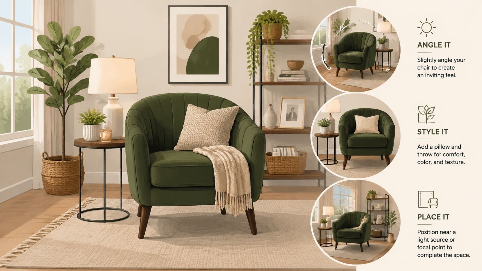 A green velvet curved accent chair displayed in a cozy living room with decor tips.