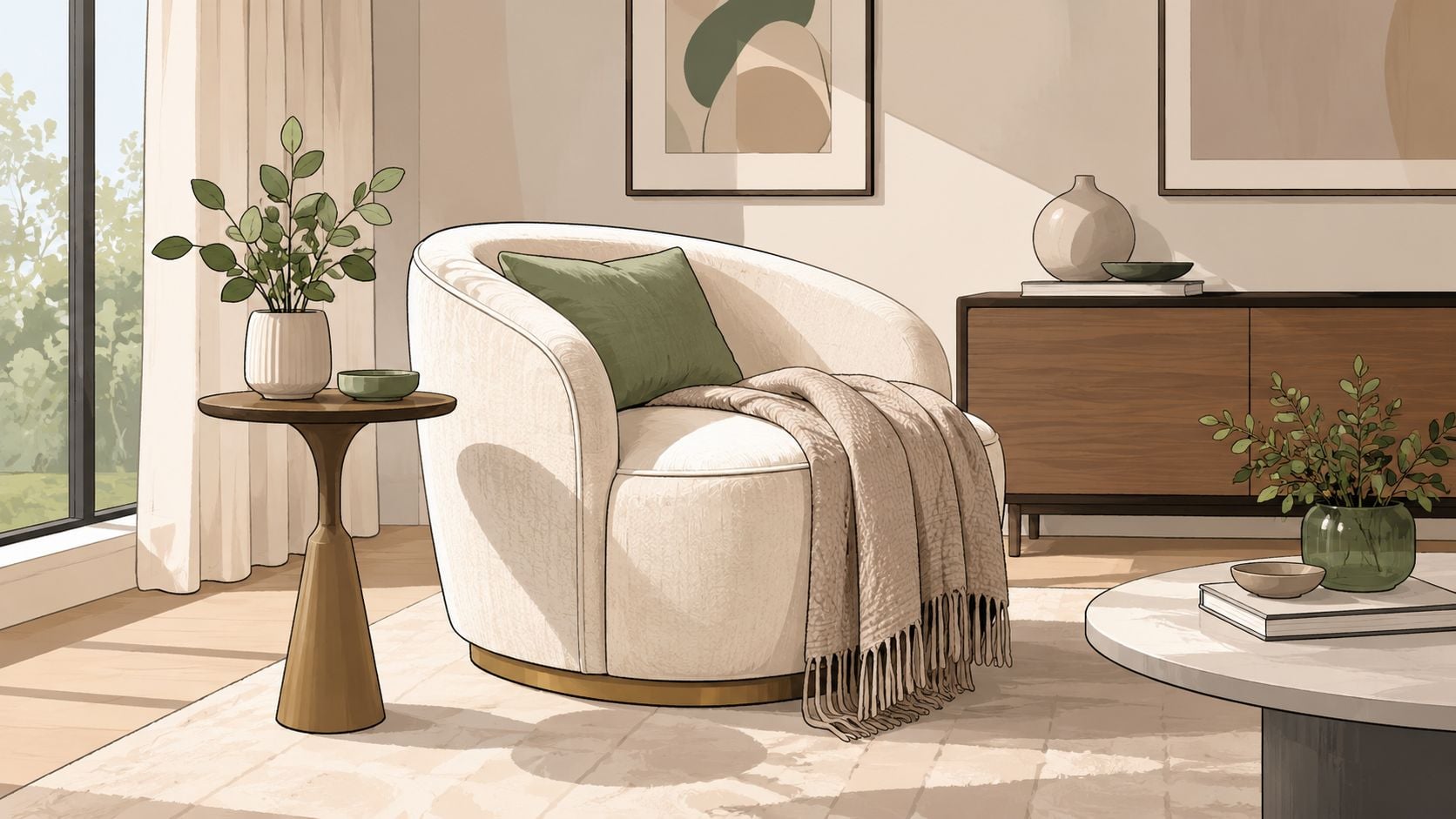 A modern cream-colored curved accent chair with a green pillow and throw blanket in a bright room.