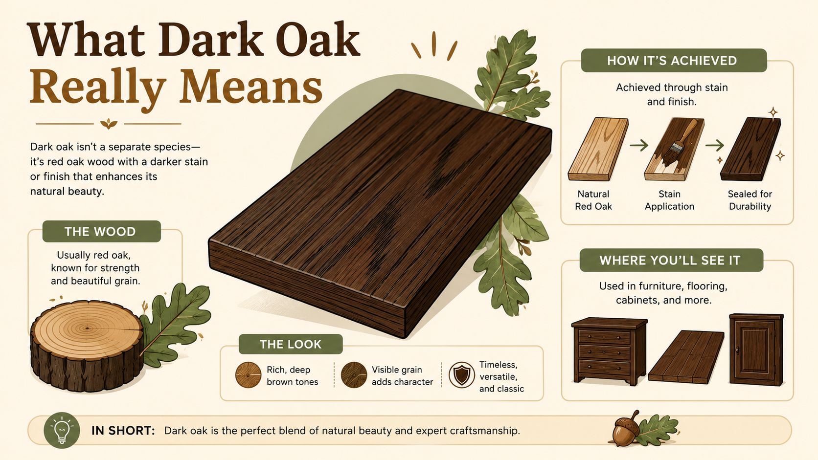 An infographic explaining that dark oak is natural red oak wood treated with a dark stain.