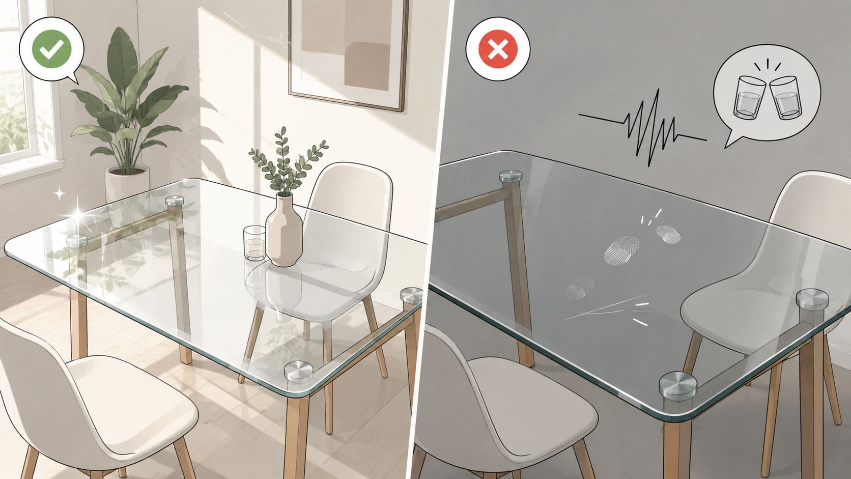 A split image showing a clean, sparkling glass top dining table versus a messy, smudged one.