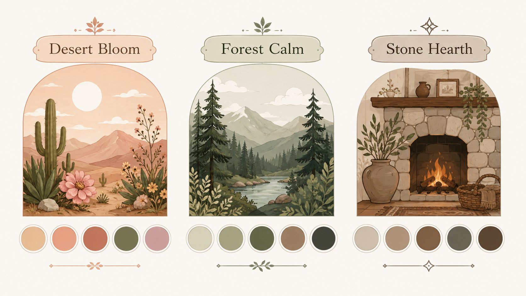 A decorative display showcasing three earth tone color palettes represented by desert, forest, and stone hearth illustrations.
