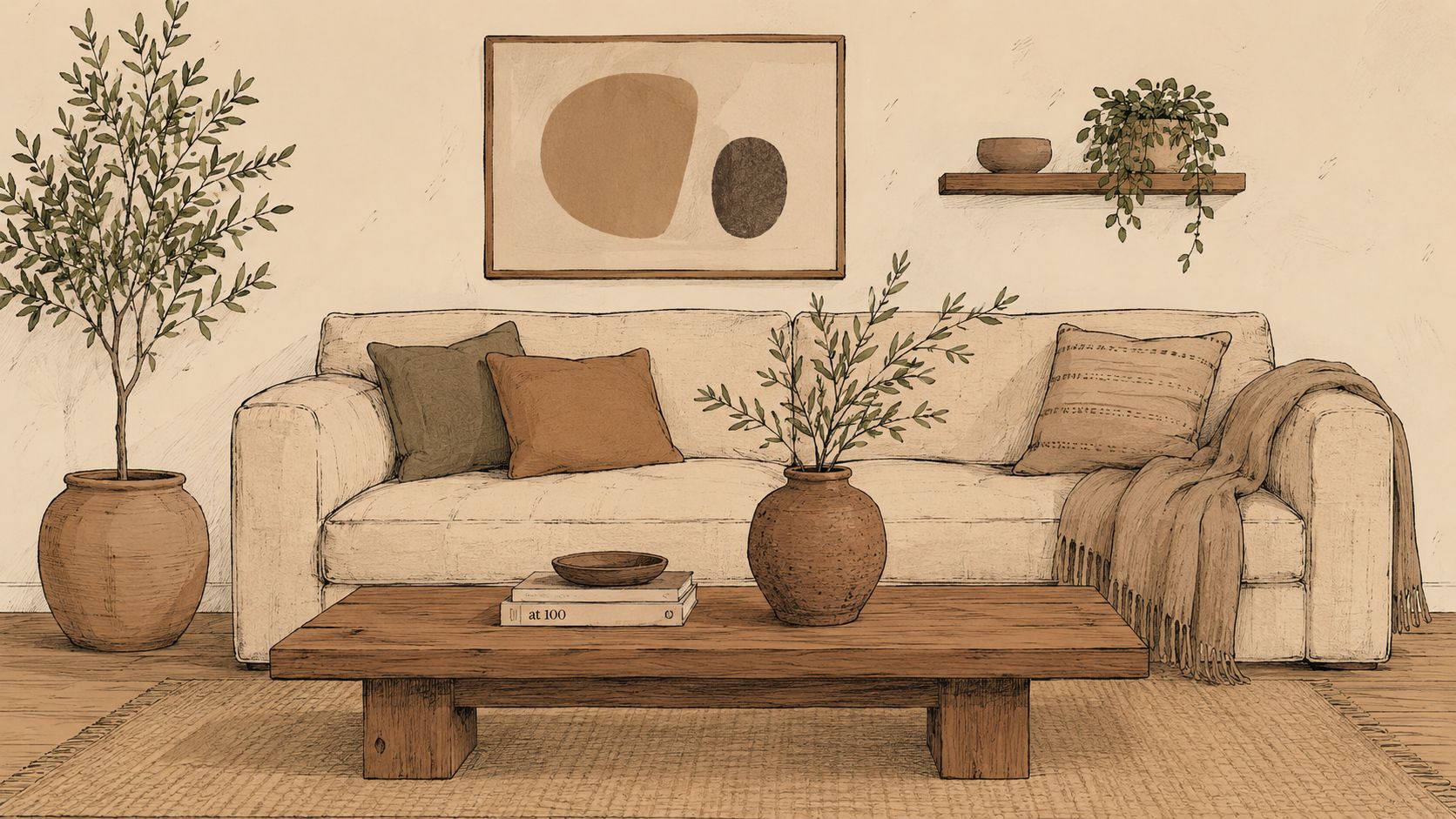 A cozy, minimalist living room featuring a neutral sofa with earth-toned pillows, indoor plants, and wooden furniture.