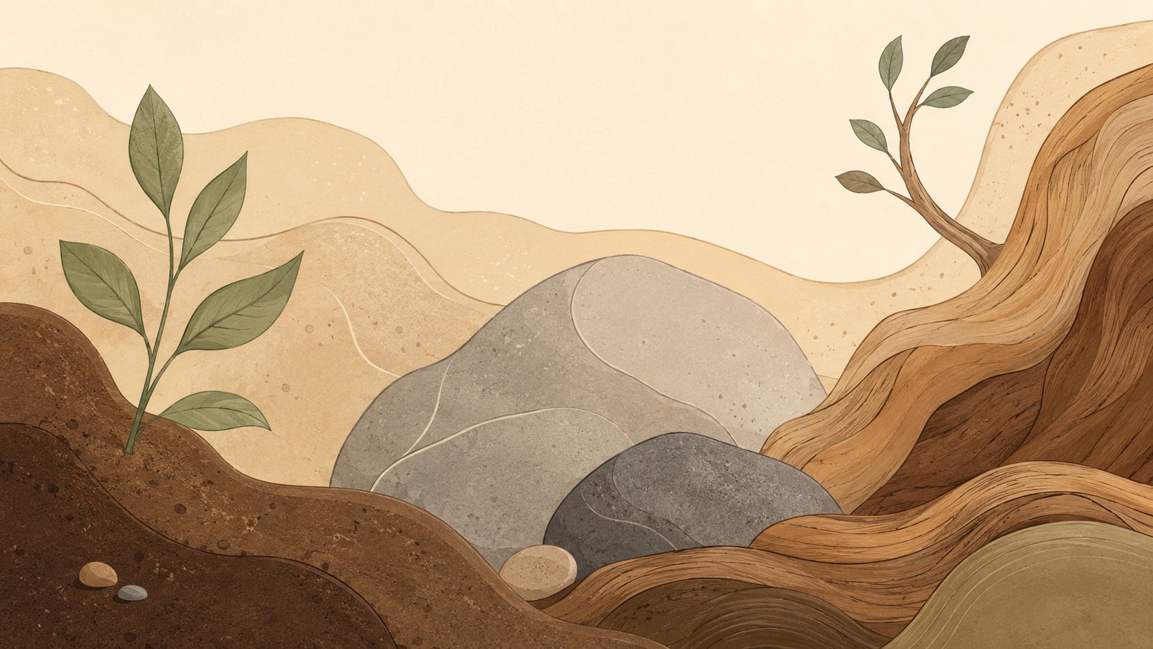 An abstract illustration featuring organic shapes, rocks, plants, and flowing lines in warm, earth tone color schemes.