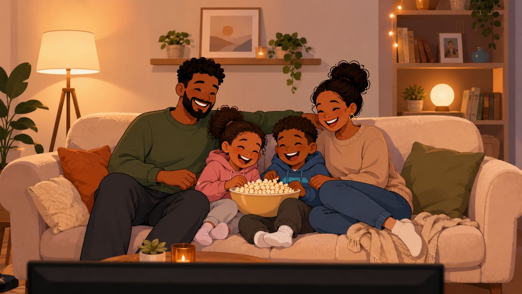 A happy Black family sitting on a cozy fabric sofa in their living room eating popcorn together.