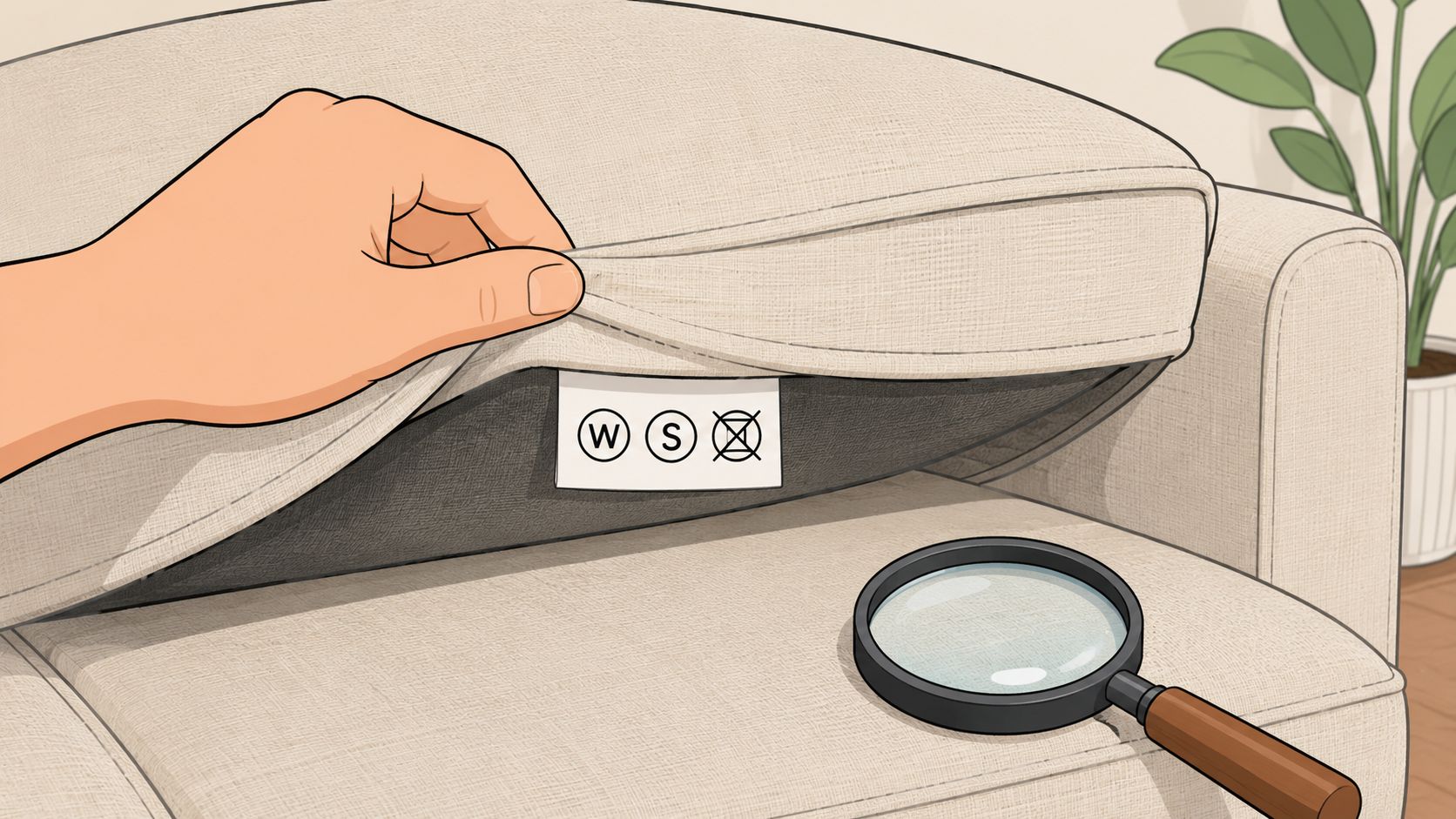 A hand lifts a light-colored sofa cushion cover to reveal a cleaning instruction tag with symbols.