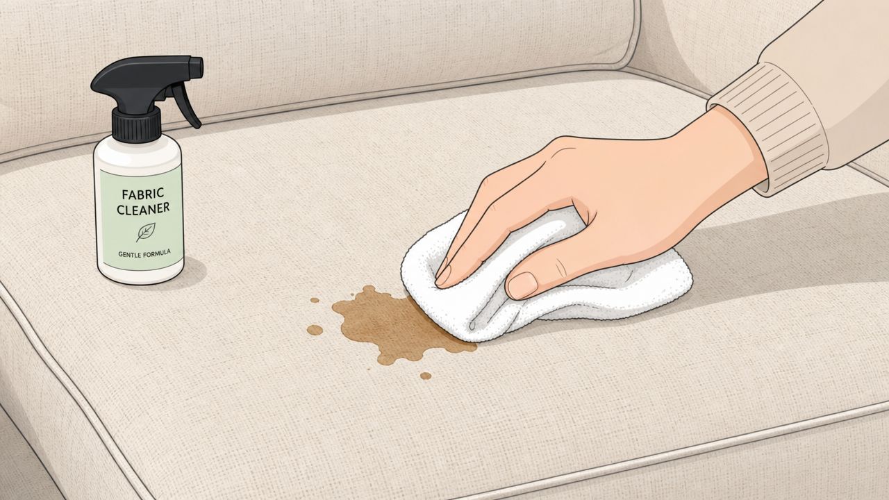 A person uses a white cloth and fabric cleaner to remove a stain from a sofa.
