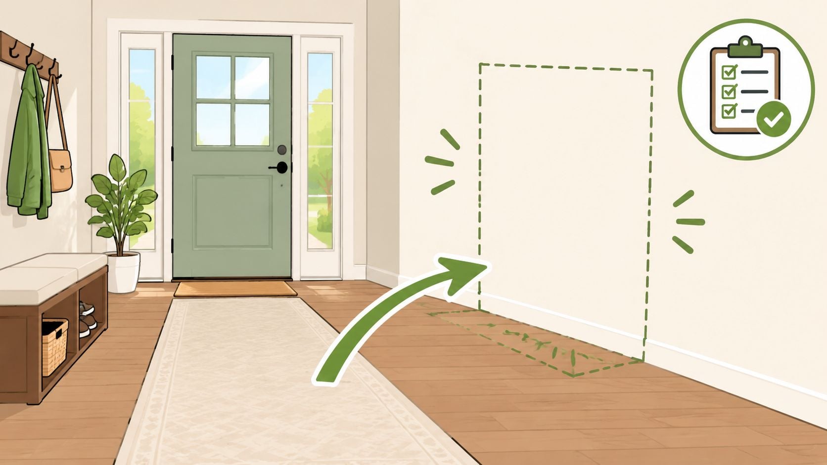 A digital illustration showing an empty entryway space prepared for new furniture placement and delivery.