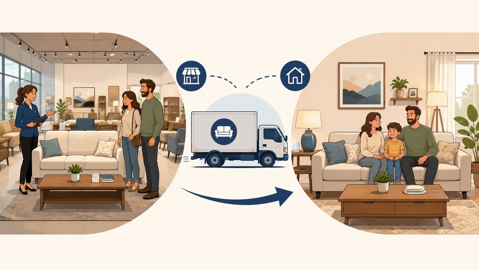 A conceptual illustration showing furniture being selected in a store and delivered to a happy family home.