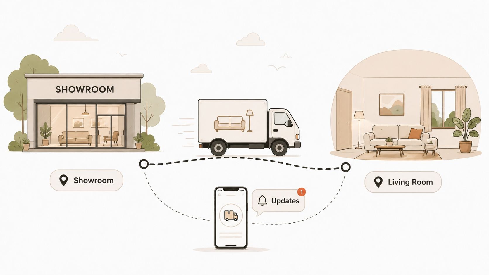A conceptual illustration showing furniture moving from a showroom store to a customer living room via delivery truck.
