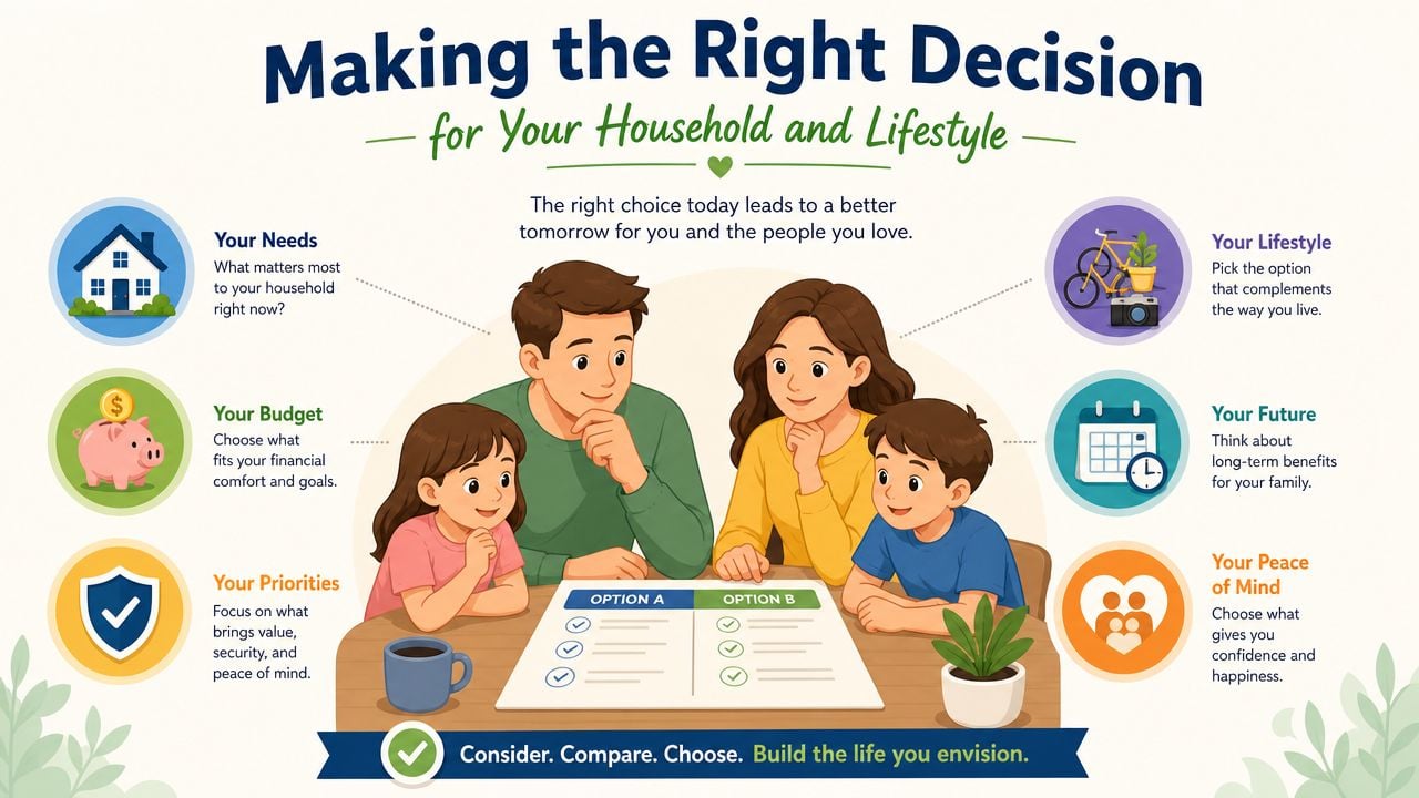 A family of four sitting together at a table discussing and choosing between two different life options.