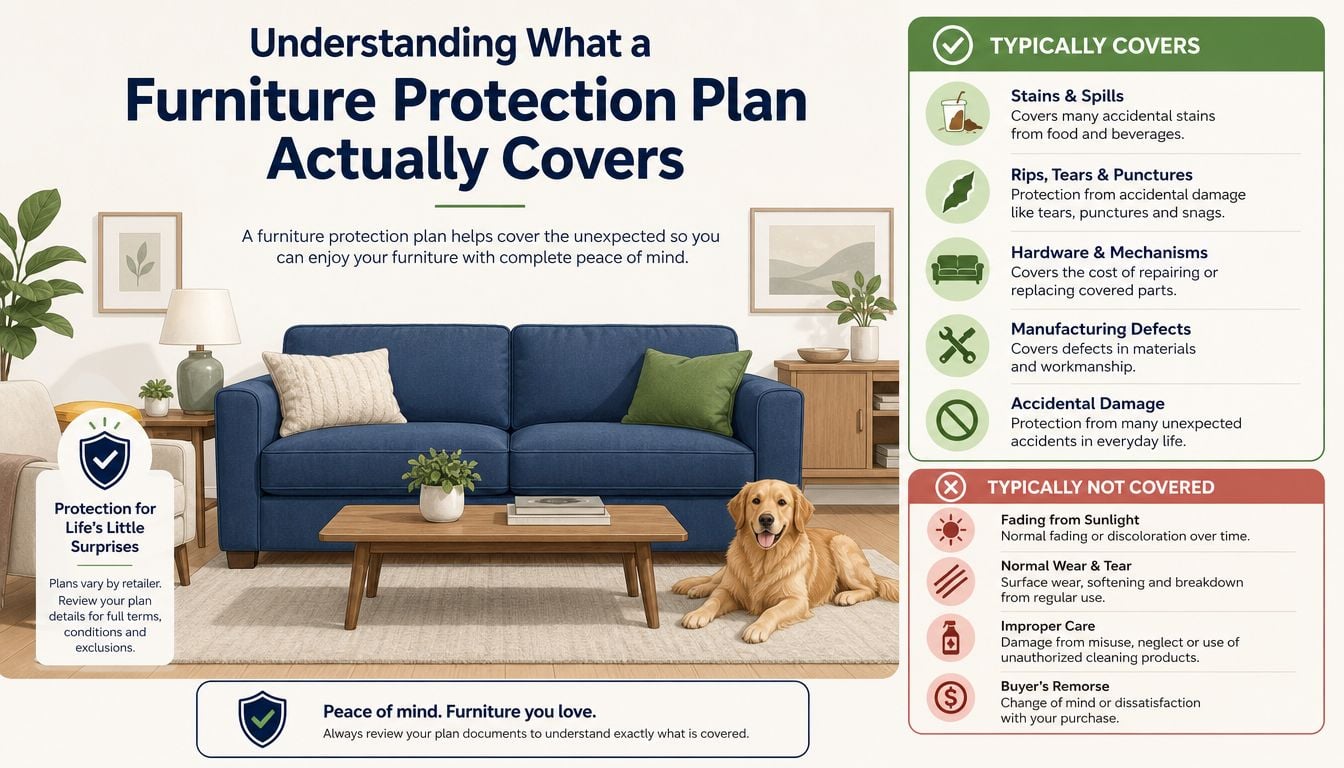 An infographic explaining what furniture protection plans typically cover and exclude with visual illustrations.