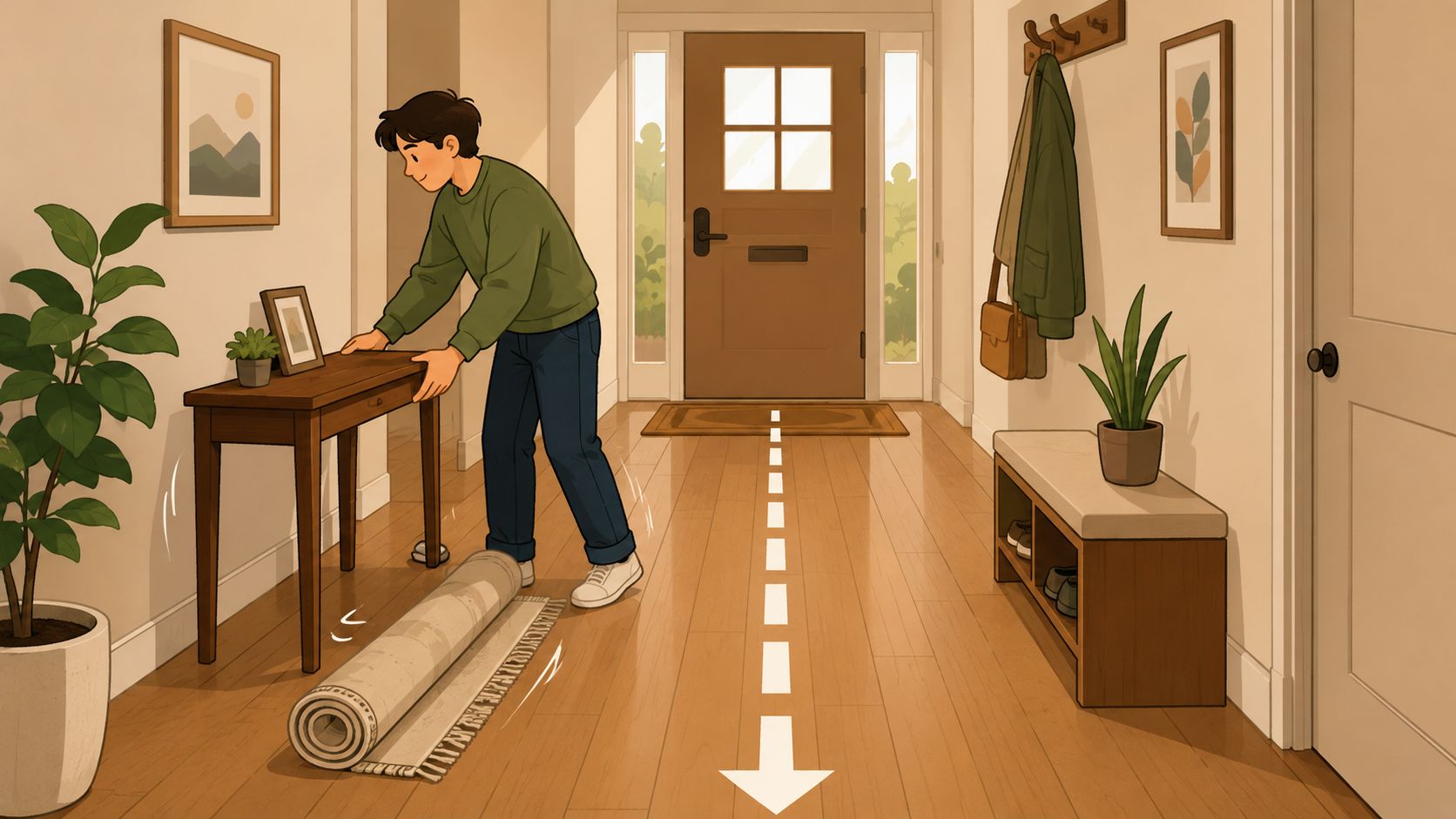A young man preparing an entryway by moving a table to roll out a rug for a delivery.