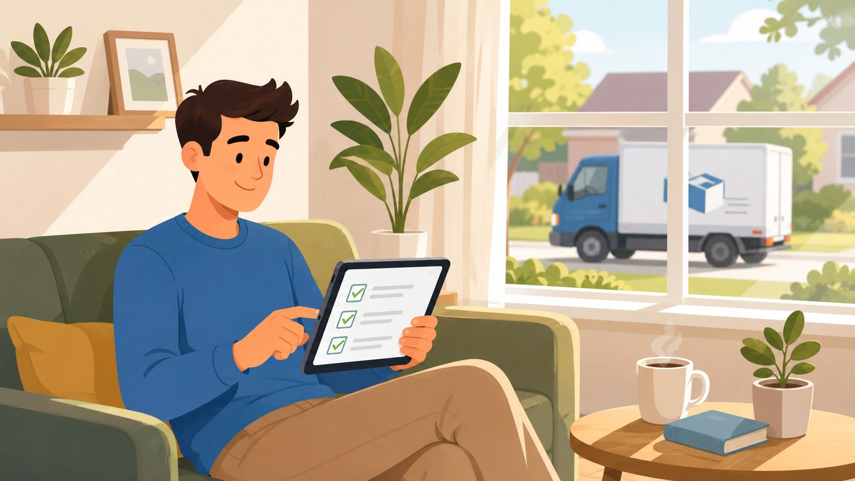 A man sits on a sofa checking off a digital delivery list while a delivery truck waits outside.