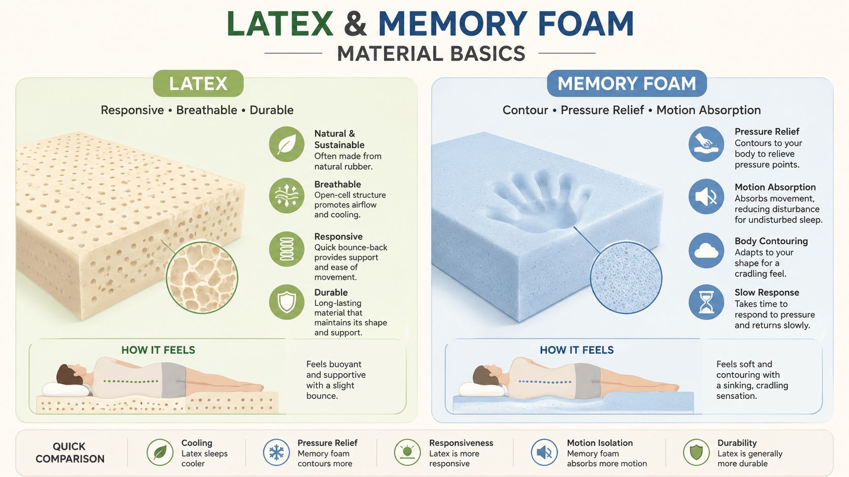 A comparison chart showing the differences between latex and memory foam mattress materials for sleep comfort.