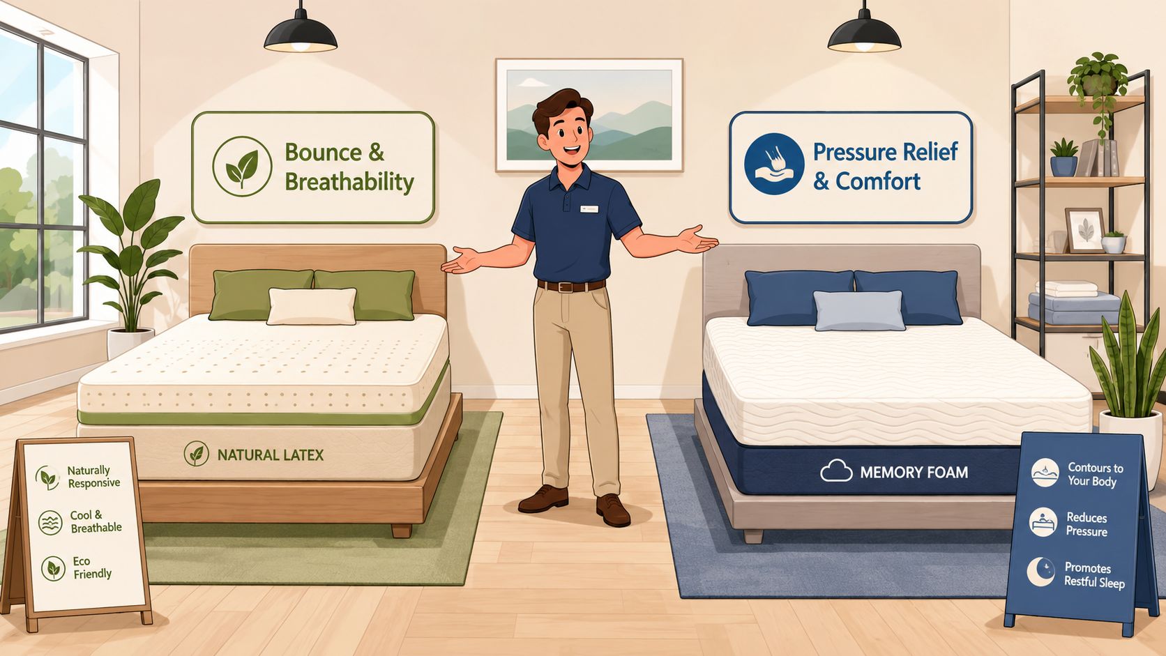 A store associate presenting the benefits of natural latex versus memory foam mattresses in a showroom setting.