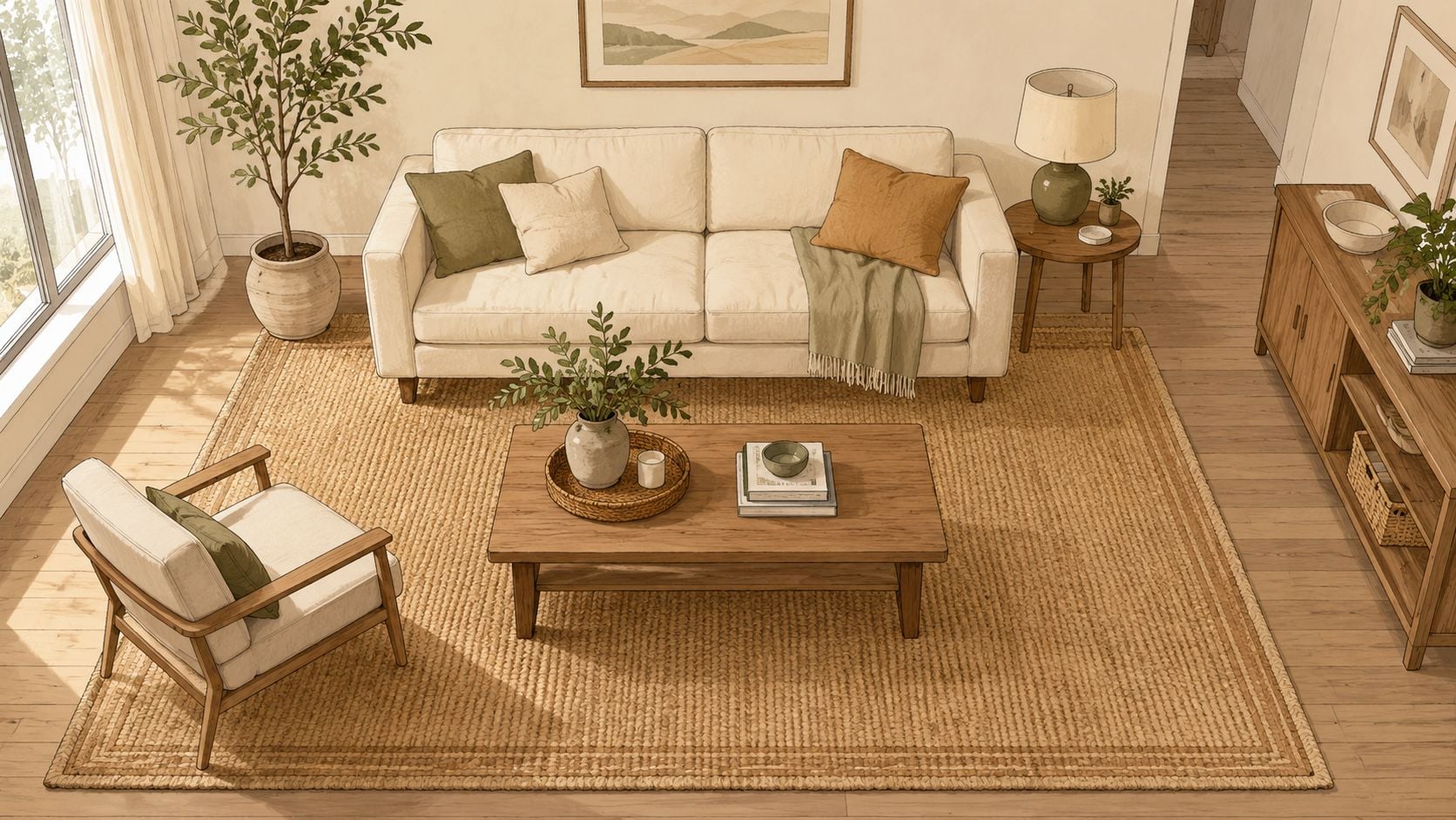 A cozy, sunlit living room featuring a neutral sofa, woven rug, and natural wood furniture accents.