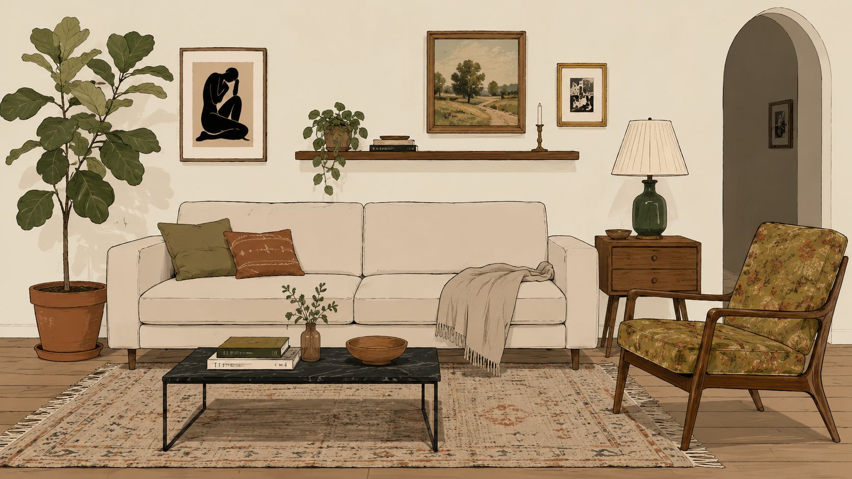 A cozy, minimalist living room with a cream sofa, floral armchair, and decorative wall art pieces.