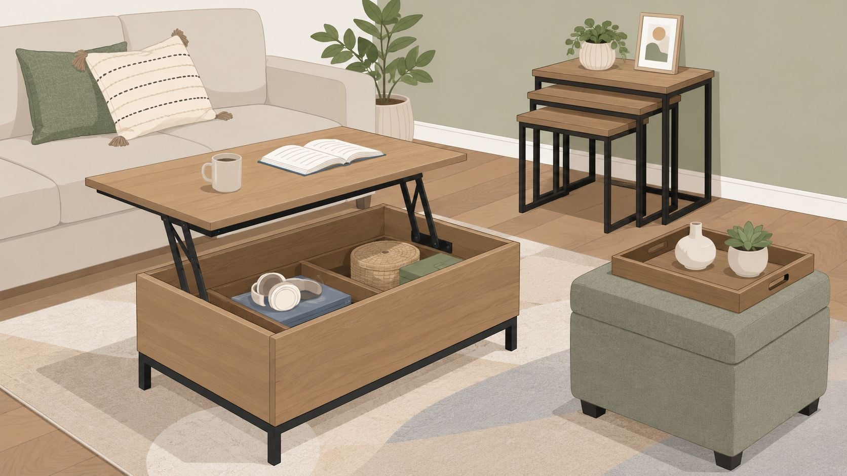 A cozy living room featuring a wooden lift-top coffee table, nesting tables, and a soft ottoman.
