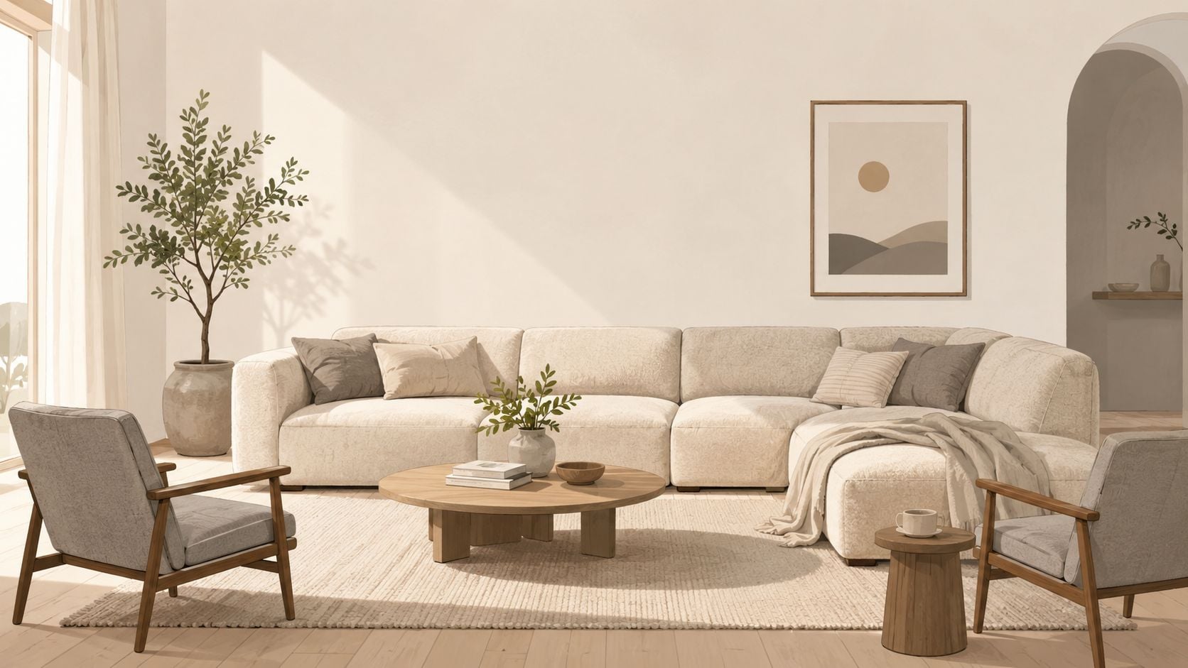 A minimalist living room with a beige sectional sofa, round coffee table, and two wooden accent chairs.