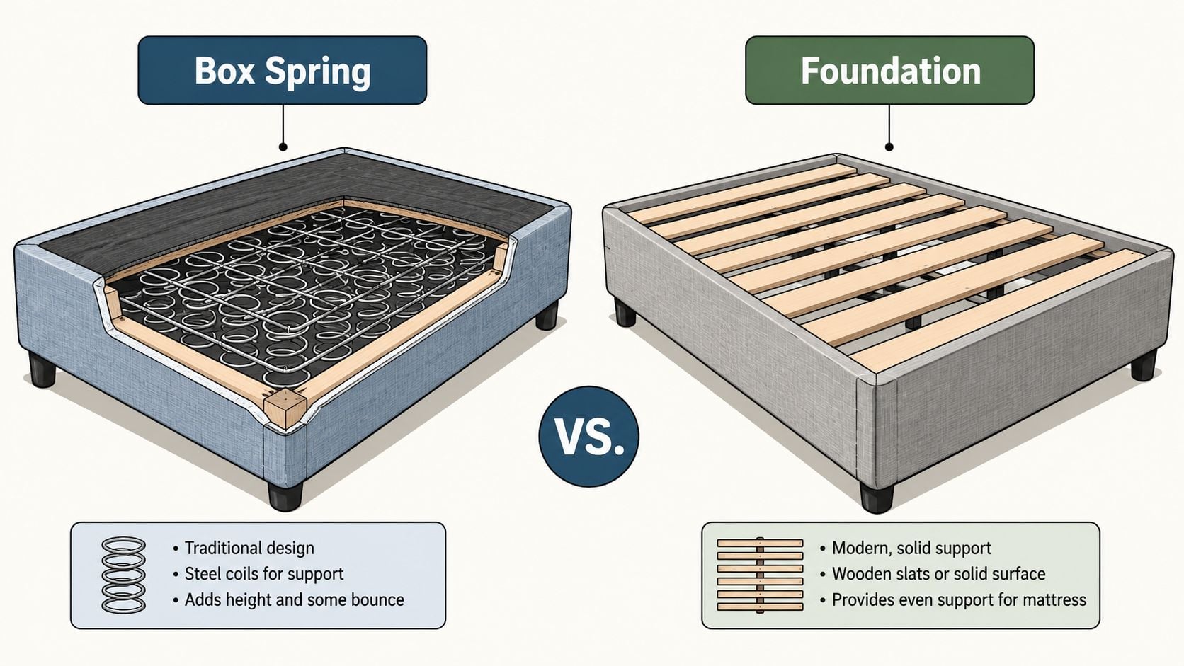 A comparative diagram illustrating the differences between a traditional box spring and a modern mattress foundation.