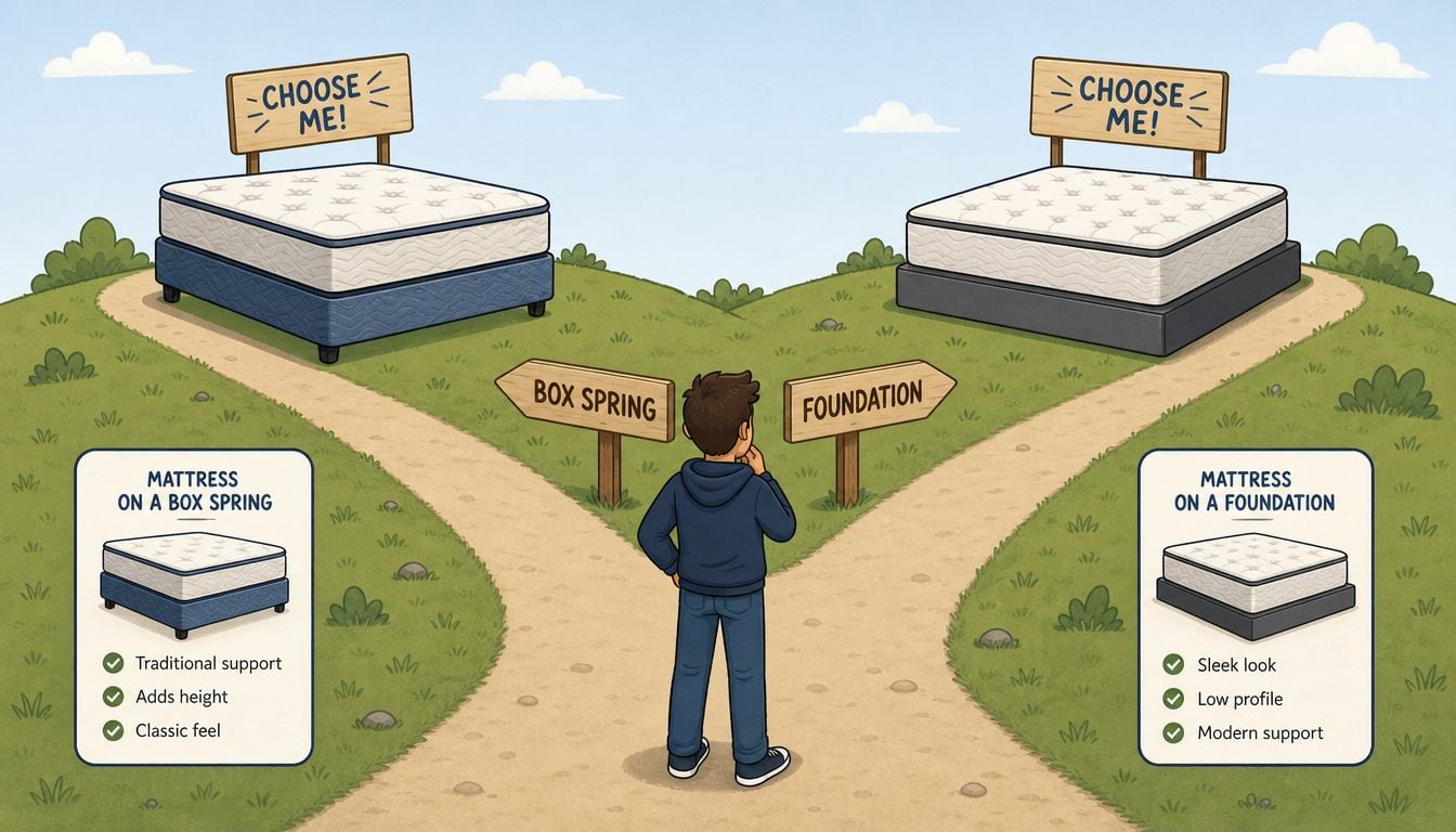 A person standing at a fork in the road choosing between a mattress on a box spring or a foundation.
