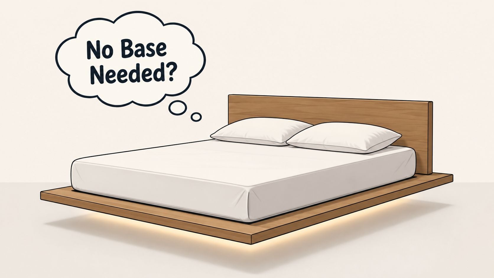 A modern platform bed with a mattress and pillows, featuring a thought bubble asking if a base is needed.