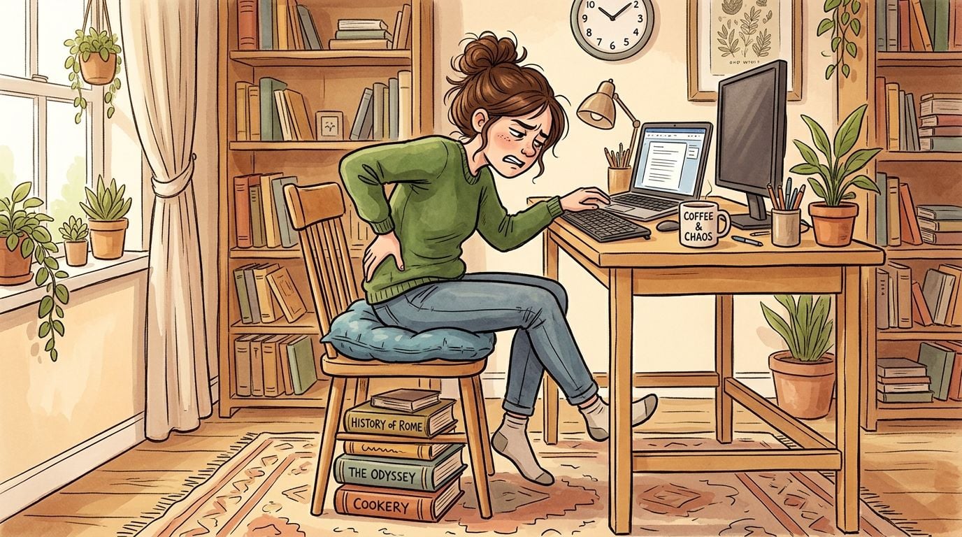 A woman with back pain sits on an uncomfortable chair at a desk with poor posture.