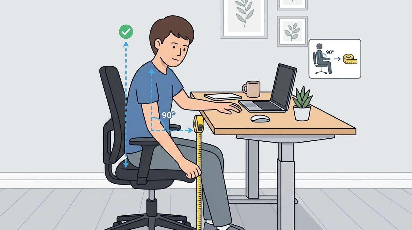 A diagram demonstrating the correct ergonomic office desk height for a person sitting at their computer.