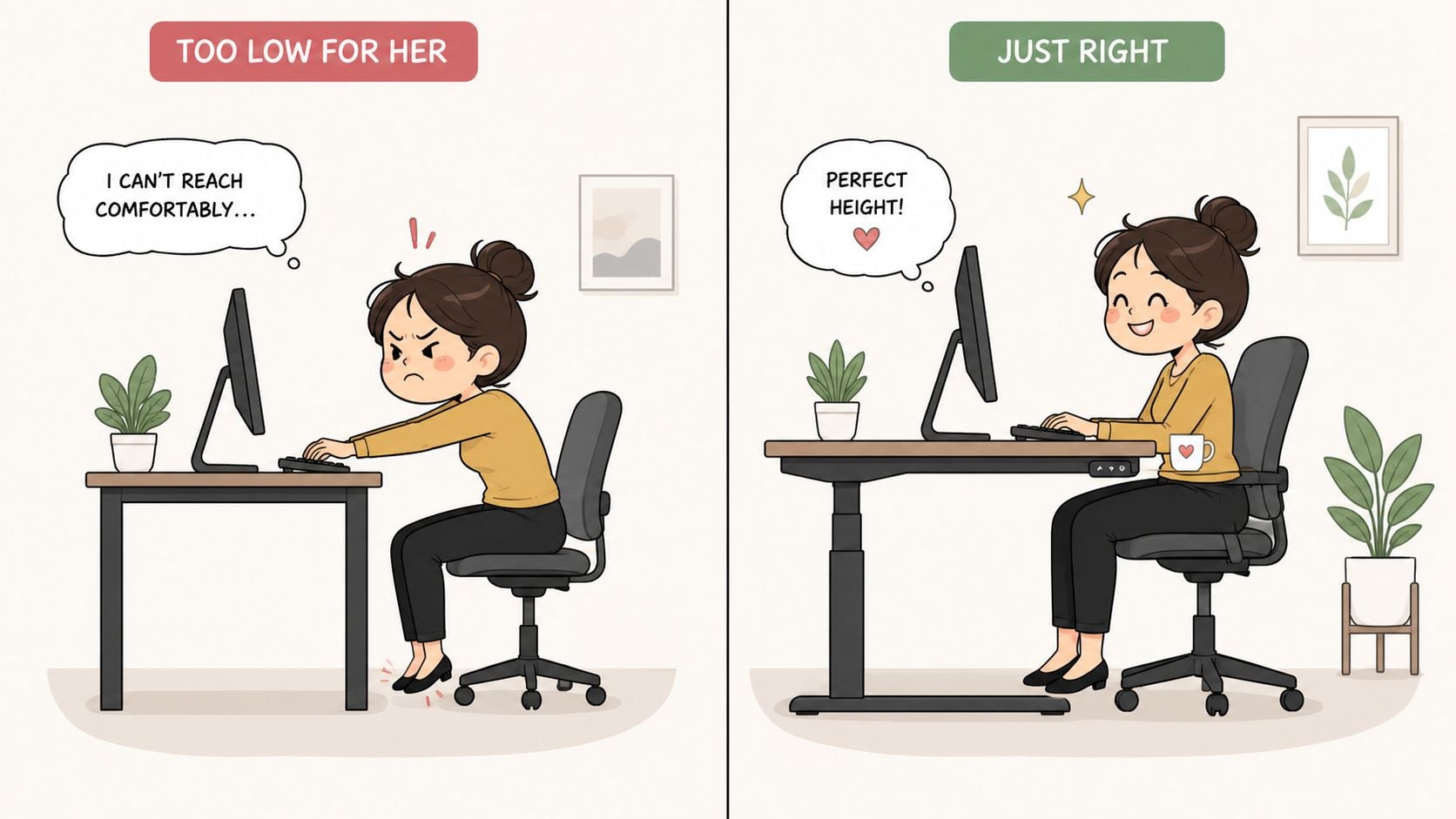 A split illustration comparing an incorrectly low computer desk setup to an ergonomically correct desk height.