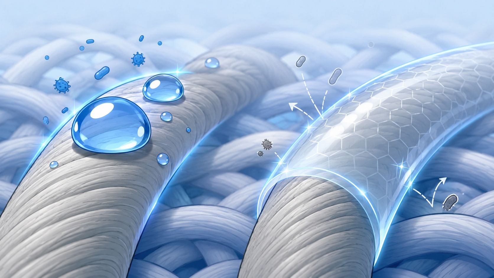 A close-up 3D illustration of textile fibers with a protective coating repelling water droplets and harmful bacteria.