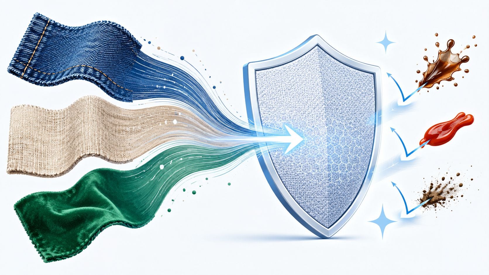 A protective shield guarding various fabric types from stains like chocolate, ketchup, and dirt particles.