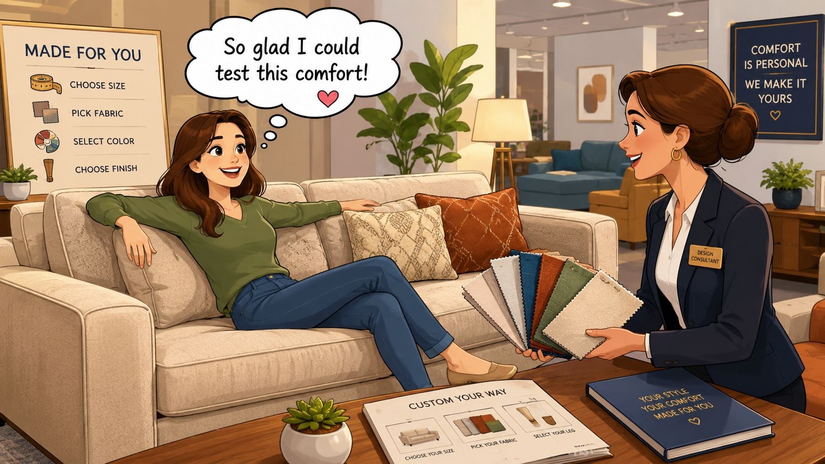 A design consultant shows fabric samples to a customer sitting on a comfortable sofa in a showroom.