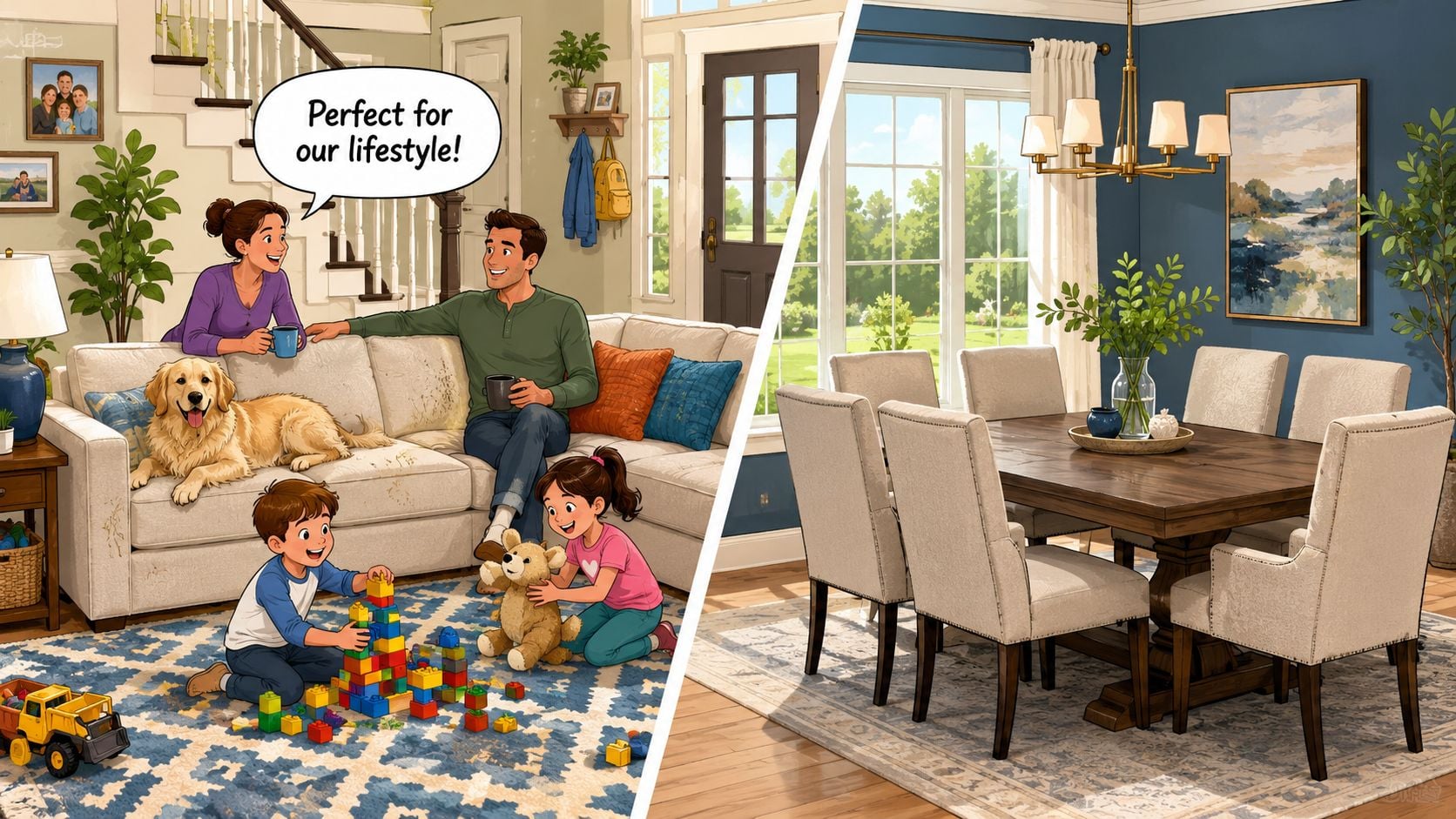A split-screen view showing a lived-in family living room and a clean, elegant dining room interior.