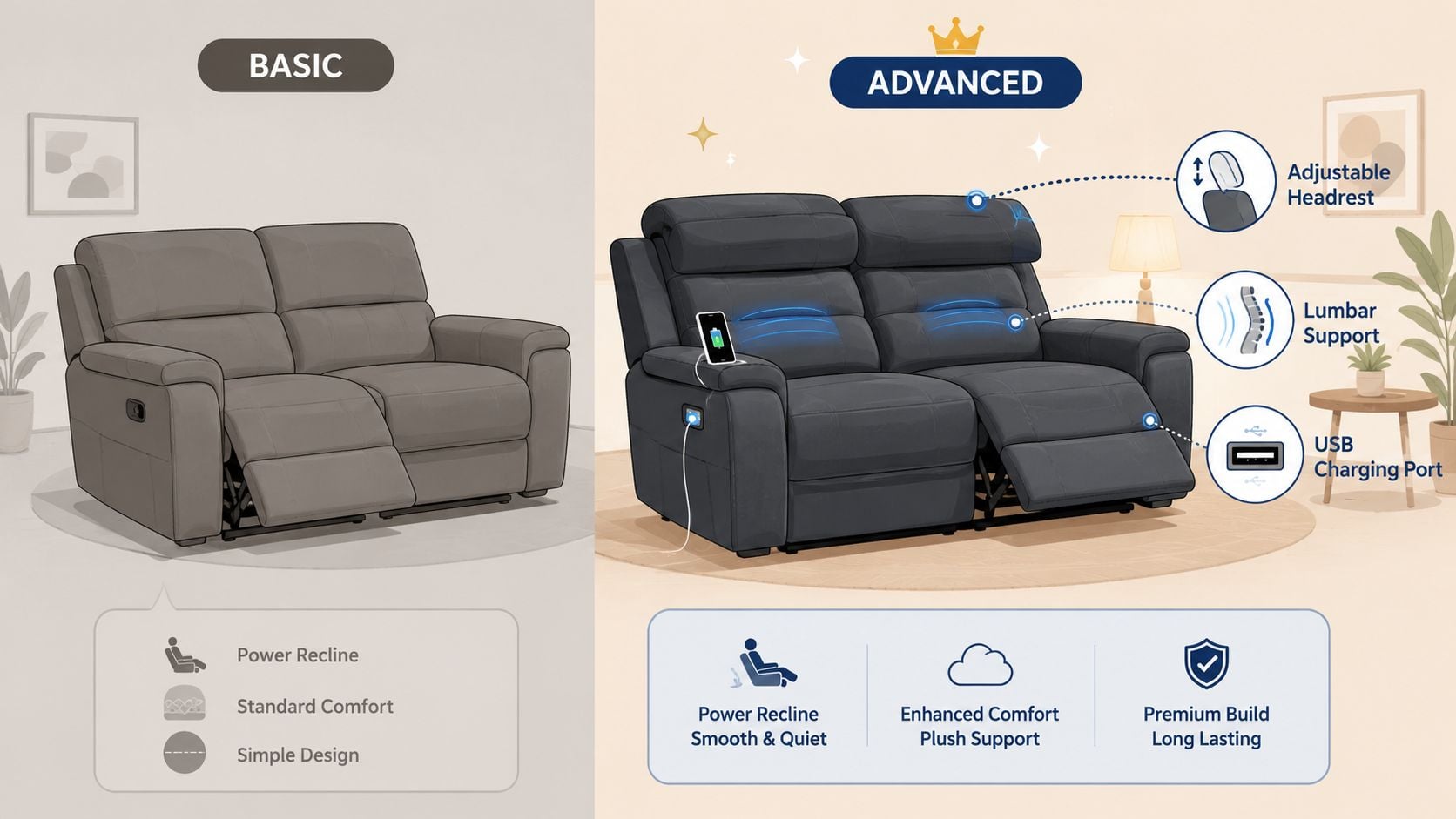 A comparison between a basic and an advanced power reclining sofa showcasing their different features and comfort levels.