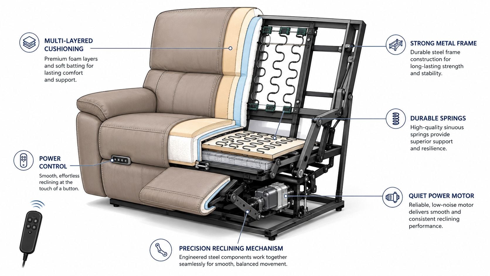 A cutaway view of a power reclining sofa highlighting its metal frame, motor, cushioning, and springs.